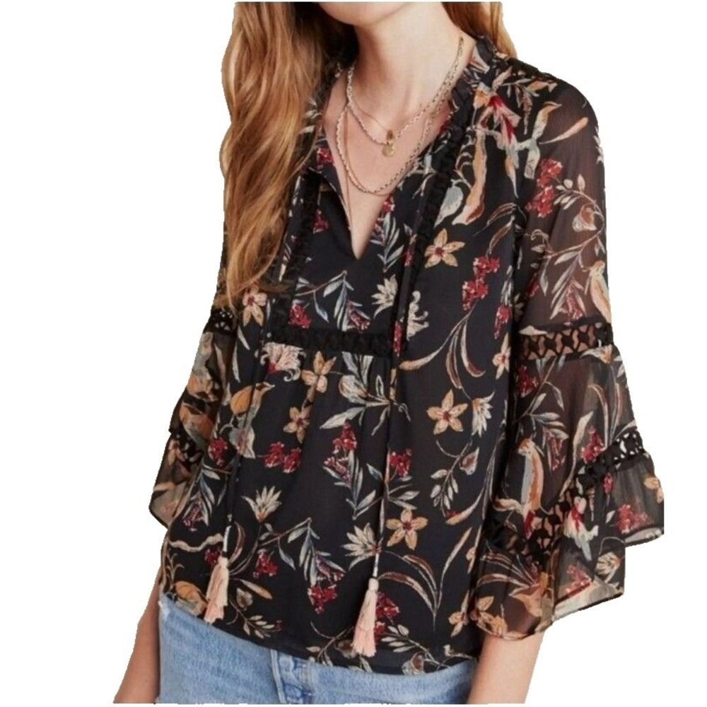 Anthropologie Maeve Odette Floral Peasant Blouse Embroidered Bell Sleeve XS